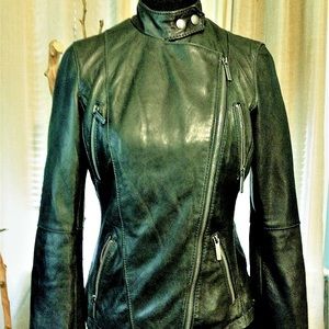 Michael Kors Green Leather Butter Soft Moto Jacket